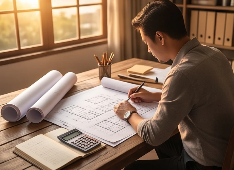 Người đàn ông trẻ đang xem xét các bản vẽ chiến lược kinh doanh trên bàn làm việc