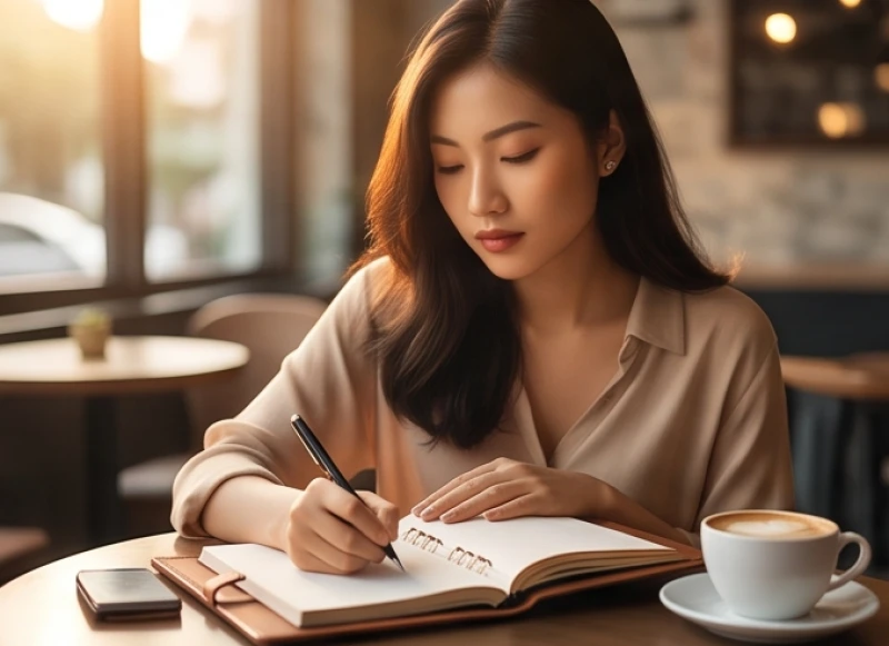 Cô gái trẻ tập trung ghi chép kế hoạch tài chính để quản trị rủi ro ở tuổi 31