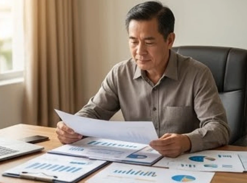 Nam giới tuổi trung niên đang nghiên cứu tài liệu kinh doanh và hoạch định chiến lược tài chính