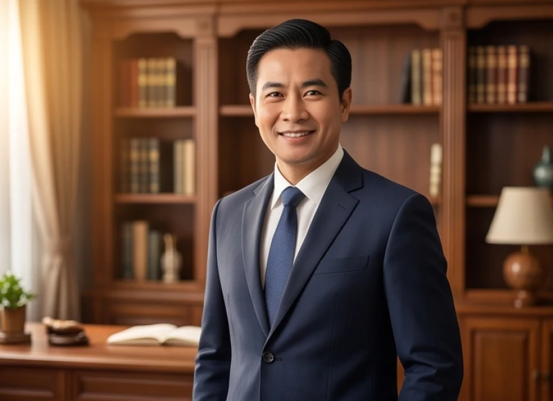 Người đàn ông trung niên thành đạt đang mỉm cười tự tin tại phòng làm việc