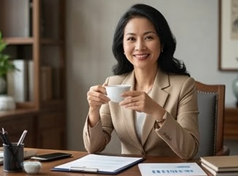 Nữ doanh nhân thành đạt đang mỉm cười hài lòng bên cạnh hồ sơ công việc và tách trà