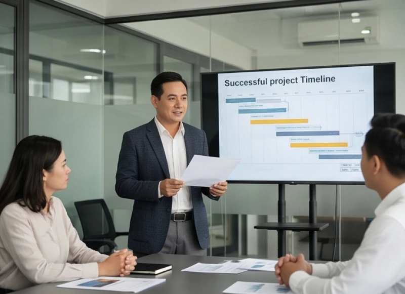 Tuổi Sửu nên làm chủ hay làm thuê: Bộ tiêu chí tự đánh giá 4 Nhân sự cấp cao đang báo cáo tiến độ dự án minh chứng cho sự ổn định của tuổi Sửu khi làm thuê