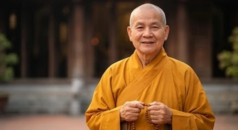 Vị sư thầy hiền từ mặc áo cà sa đang mỉm cười nhẹ nhàng và cầm chuỗi hạt gỗ trên tay