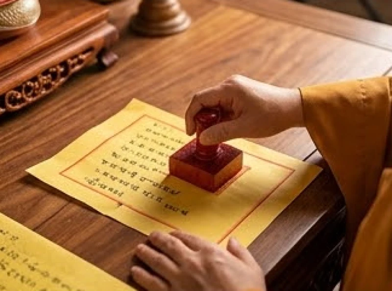 Văn khấn bán khoán con vào chùa: Sắm lễ vật và thủ tục đầy đủ 5 Sư thầy dùng con dấu vuông màu đỏ đóng lên tờ sớ bán khoán bằng giấy điệp vàng