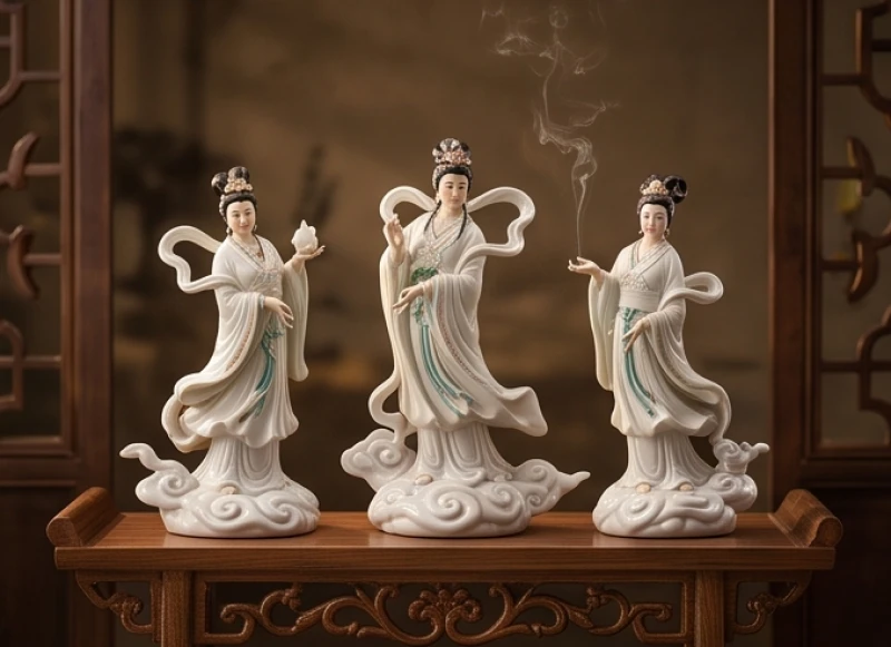 Tượng gốm sứ nghệ thuật khắc họa hình dáng các tiên nữ đang múa lượn trên những tầng mây