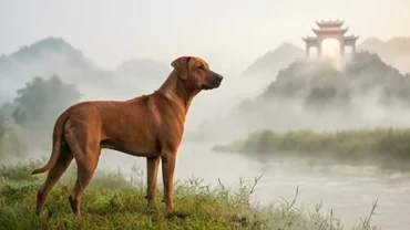 Chó oai phong đứng bên bờ sông ngước nhìn cổng Thiên Đình trong cuộc đua 12 con giáp
