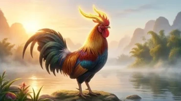 Gà trống oai phong trong sự tích con gà trong 12 con giáp với cặp sừng vàng óng trước cuộc đua