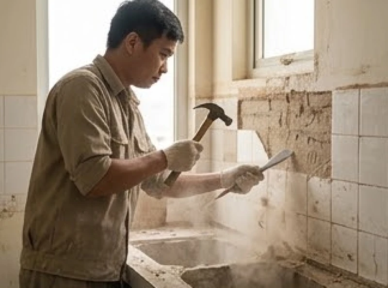 Thợ xây dựng đang tháo dỡ gạch ốp tường cũ trong khu bếp chật hẹp, một hạng mục bắt buộc phải làm lễ xin phép Táo Quân.