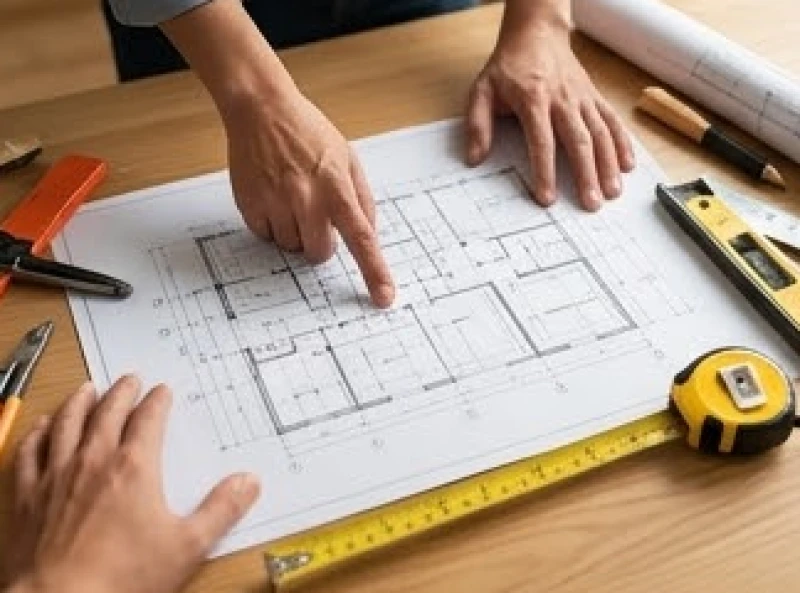 Kiến trúc sư và thợ xây dựng đang bàn bạc bản vẽ thi công nhà ở hợp phong thủy