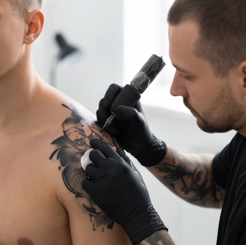 Một người thợ xăm lành nghề đang dùng mảng mực tối màu để che lấp và thiết kế lại hình xăm cũ khắc mệnh