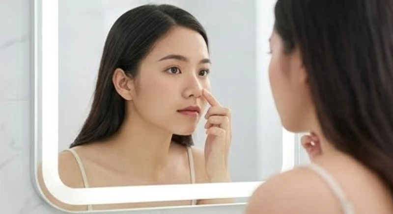 Khuôn mặt người phụ nữ đang cân nhắc trước gương về dáng mũi to bè chưa thanh thoát