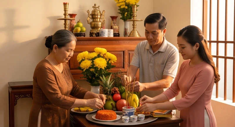 Gia chủ sửa soạn hương hoa trà quả trên ban thờ để tiến hành lễ tạ gia tiên vào mùng 5 Tết