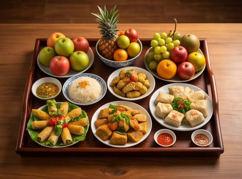 Mâm đồ cúng được chuẩn bị chu đáo và phân loại rõ ràng thành lễ chay và lễ mặn
