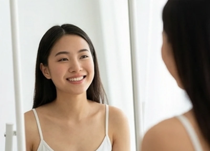 Cô gái mỉm cười tươi tắn trước gương sau khi thực hành điều chỉnh thói quen sinh hoạt