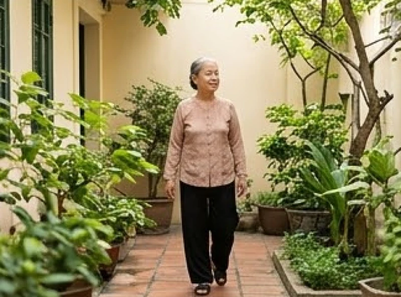 Cụ bà đang thong thả dạo bước trong sân vườn thanh tịnh thay vì đi du lịch xa xôi để tránh xui xẻo từ sao Kế Đô