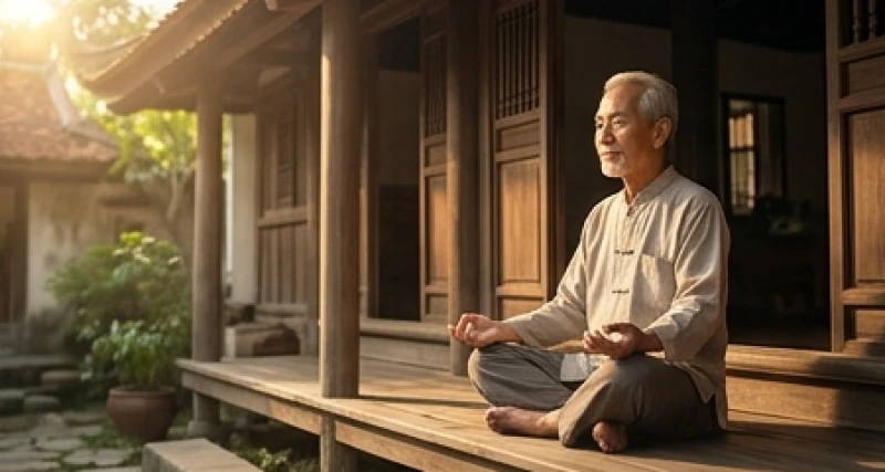 Ông lão thong dong ngồi thiền tịnh tâm bên hiên nhà gỗ truyền thống lúc bình minh