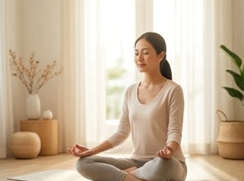 Người phụ nữ trung niên thực hành thiền tịnh tĩnh tâm để tăng cường sức khỏe và xua tan căng thẳng mệt mỏi