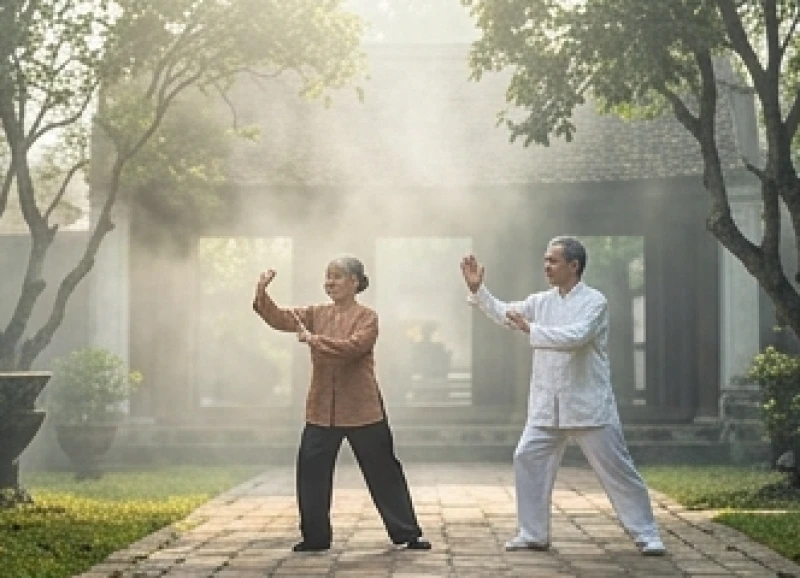 Người cao tuổi tập dưỡng sinh trong sân nhà giúp duy trì sức khỏe ổn định