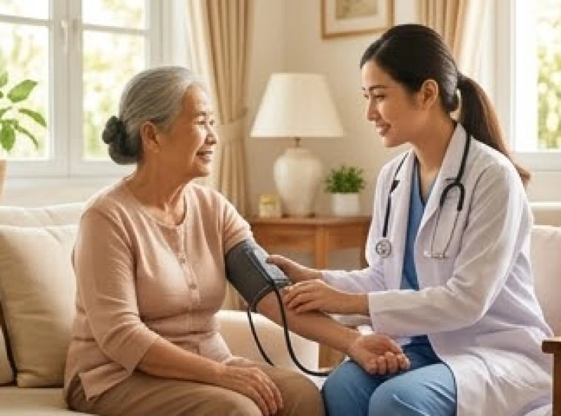 Tử vi trọn đời tuổi Bính Thân 1956 nữ mạng: Hậu vận & dưỡng mệnh 1 Bác sĩ đang ân cần kiểm tra huyết áp cho một cụ bà tuổi Bính Thân tại không gian sống yên tĩnh và ấm áp