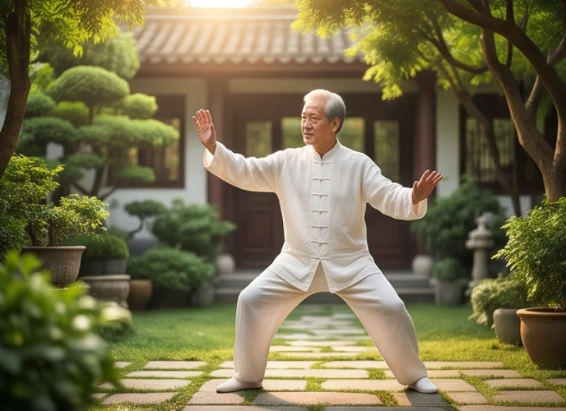 Cụ ông Kỷ Sửu đang tập dưỡng sinh nhẹ nhàng trong sân vườn xanh mát vào buổi sáng sớm
