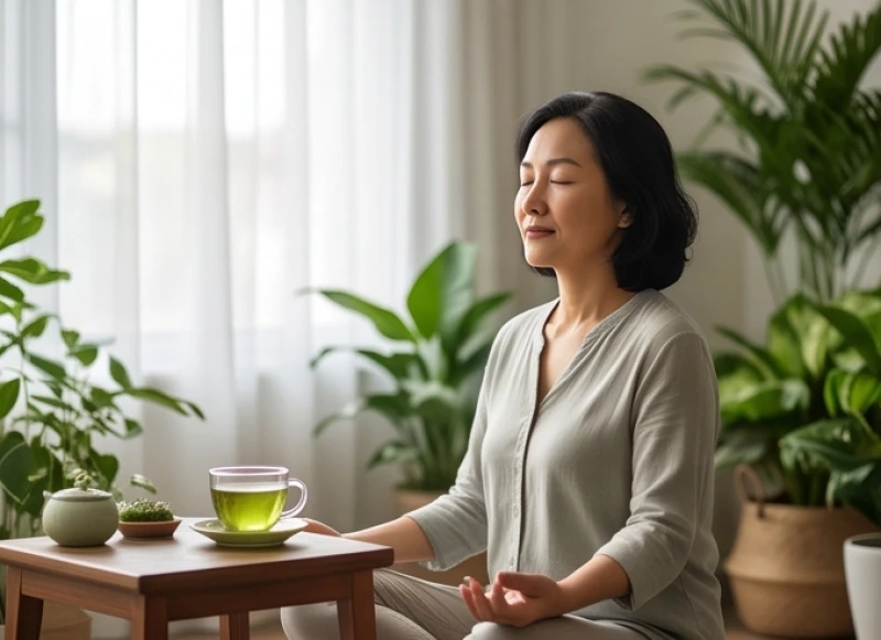 Phụ nữ trung niên thưởng thức trà xanh và tĩnh tâm để cân bằng nội tiết tố hành hỏa