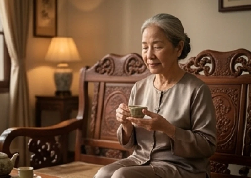 Tử vi tuổi Tân Mão 1951 năm 2027: Chi tiết mâm cúng dâng sao 3 Cụ bà thư thái ngồi thưởng trà tại phòng khách mang đậm nét kiến trúc truyền thống mộc mạc yên bình