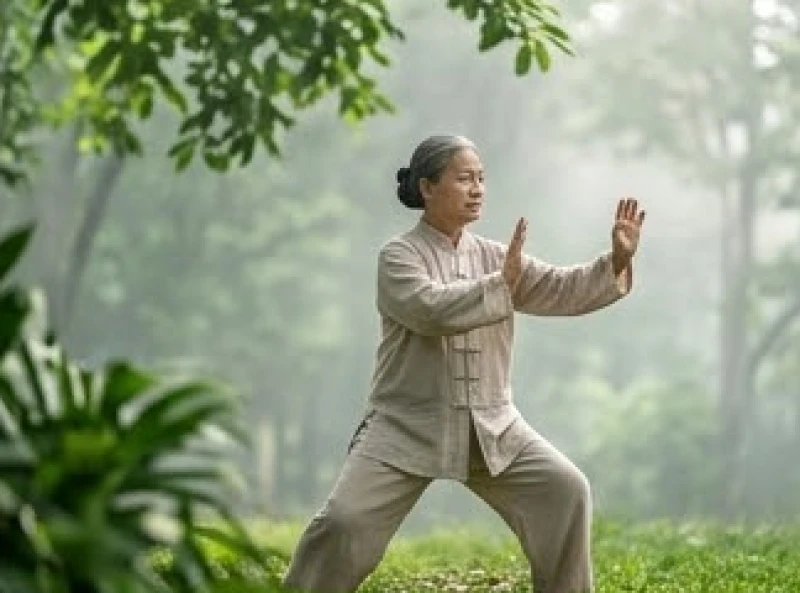Người phụ nữ lớn tuổi đang tập dưỡng sinh nhẹ nhàng trong công viên