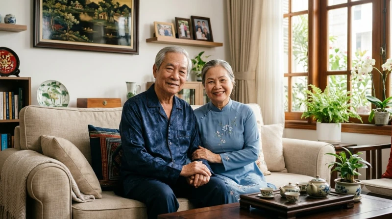 Hai người lớn tuổi đang mỉm cười thư giãn tận hưởng khoảng thời gian bình yên bên nhau