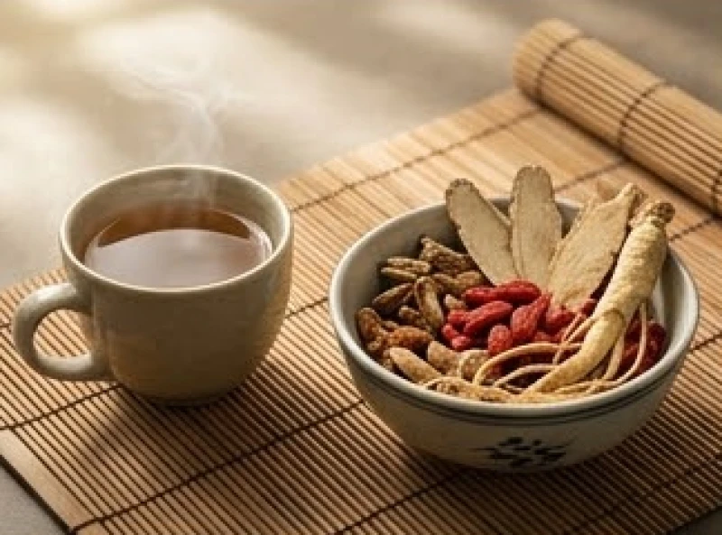 Tách trà thảo mộc nóng hổi cùng bát sứ đựng các loại thảo dược đông y chăm sóc sức khỏe tuổi già