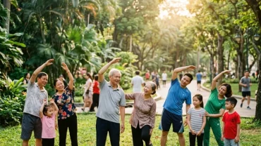 Người lớn tuổi và thanh niên tập thể dục buổi sáng tại công viên ngập nắng để nâng cao sức khỏe tuổi Dần năm 2027