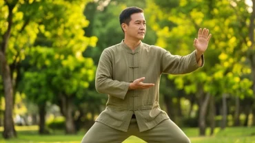 Cảnh một người thảnh thơi tập dưỡng sinh buổi sáng giúp cải thiện sức khỏe tuổi Dậu năm 2026