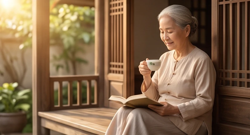 Bà cụ hiền từ đang ngồi thưởng trà và đọc sách hiên nhà trong không gian ngập tràn ánh nắng ấm áp