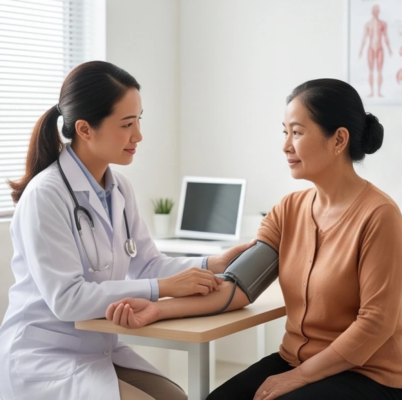 Bác sĩ đang đo huyết áp và kiểm tra sức khỏe định kỳ cho người lớn tuổi sinh năm 1964
