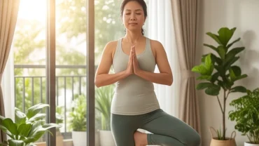 Người trung niên tập dưỡng sinh thư giãn, duy trì sức khỏe tuổi Hợi năm 2027 một cách cân bằng và tĩnh tại