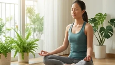 Người phụ nữ tập yoga tĩnh tâm trong không gian ngập tràn ánh sáng tự nhiên để tăng cường sức khỏe tuổi mão