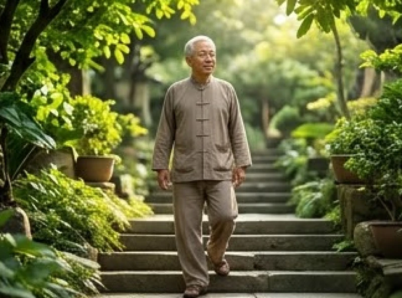 Người cao tuổi cẩn thận bước đi trên bậc thềm đá trong khu vườn