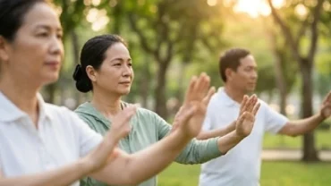 Người lớn tuổi tập dưỡng sinh trong công viên rợp bóng cây để cải thiện sức khỏe tuổi mùi năm 2027