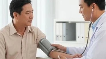Bác sĩ đo huyết áp và kiểm tra sức khỏe tuổi thân năm 2026 cho một bệnh nhân tại phòng khám hiện đại