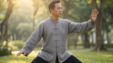 Người đàn ông trung niên Việt Nam rèn luyện sức khỏe tuổi thìn bằng bài tập dưỡng sinh dưới ánh nắng ban mai