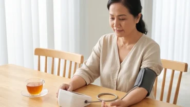 Người phụ nữ duy trì thói quen đo huyết áp tại nhà để bảo vệ sức khỏe tuổi tỵ
