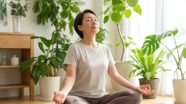 Một người trung niên thư giãn tập yoga buổi sáng để tăng cường sức khỏe tuổi Tý năm 2026