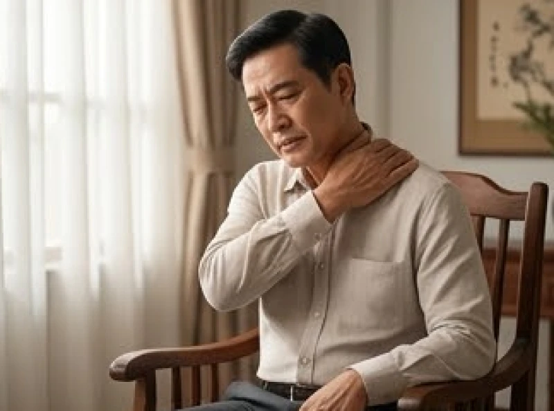 Người đàn ông đứng xoa bóp vai gáy thể hiện những áp lực xương khớp do cường độ làm việc cao