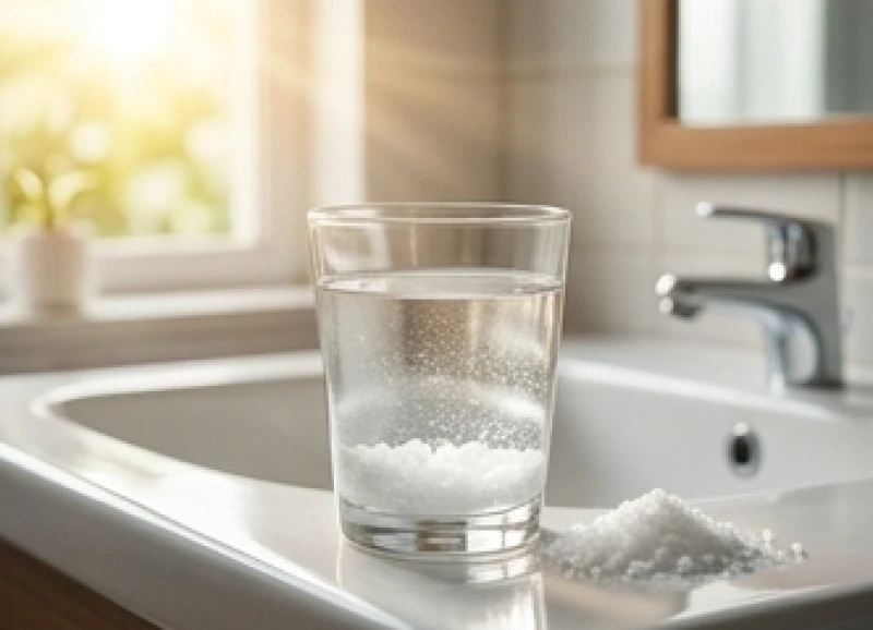 Cốc nước ấm pha muối tinh khiết dùng để súc miệng thanh tẩy vào buổi sáng sớm