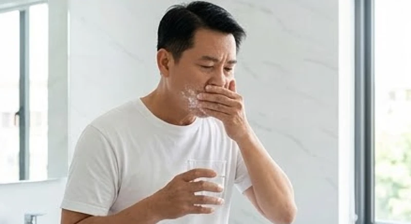 Người đàn ông ngậm nước muối sinh lý để vệ sinh khoang miệng và giảm sưng nướu tại nhà