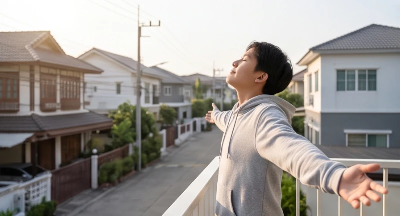 Mơ thấy người bệnh khỏe lại: Ý nghĩa điềm báo & bộ số may mắn 3 Một người trẻ vươn vai hít thở sâu đón bình minh rực rỡ từ ban công nhà