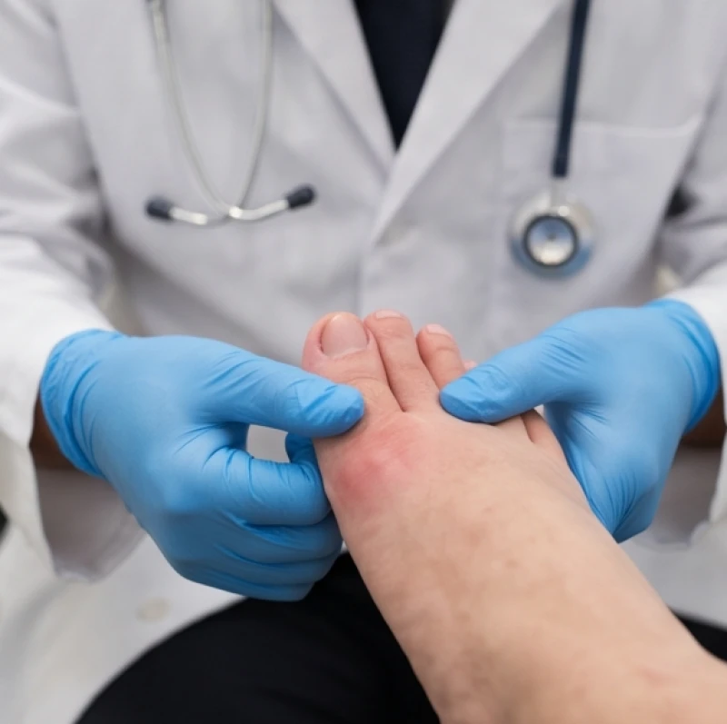 Bác sĩ đang cẩn thận kiểm tra vùng da sưng đỏ quanh rễ móng chân để đánh giá mức độ nhiễm trùng