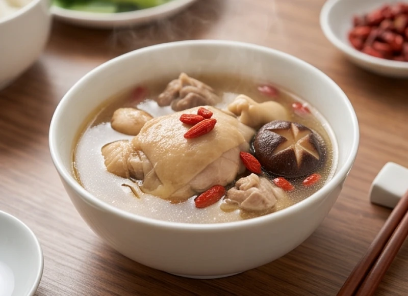 Món súp gà hầm nấm hương và kỷ tử nóng hổi rất tốt cho hệ tiêu hóa yếu và tăng đề kháng.