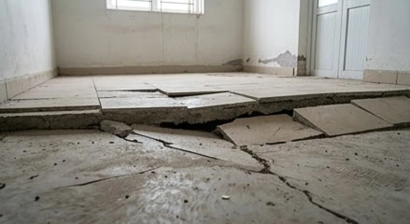 Bề mặt sàn bê tông cốt thép bị gãy do nền đất bùn sét bên dưới đài móng sụt lún không đều