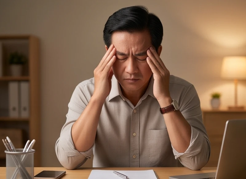 Một người đàn ông trung niên bóp trán thể hiện sự căng thẳng và mệt mỏi do suy nhược cơ thể