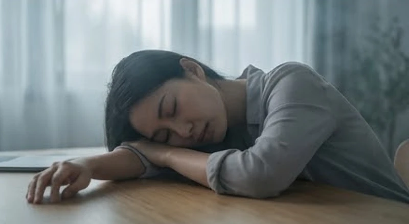 Người phụ nữ đang nằm gục đầu lên bàn làm việc thể hiện sự kiệt sức và tổn hao năng lượng